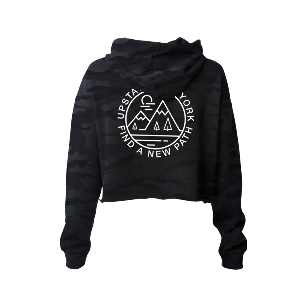 Find a new path in our original design "Find A New Path" cropped hoodie. Printed in white ink on the front and back of a black camouflage-patterned cropped hooded sweatshirt.  Only Found at 518 Prints
