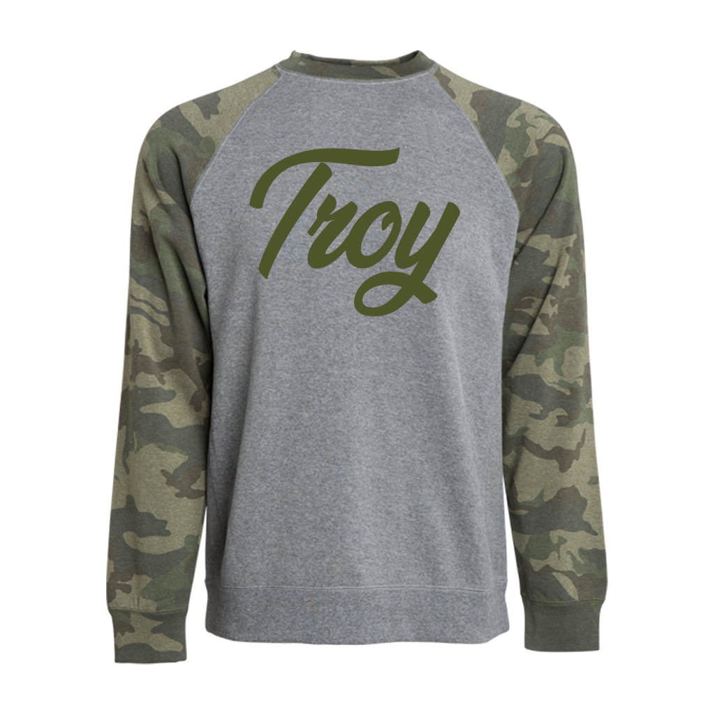 Simple, clean, and stylish. Rock our Troy Simple Script design on an ultra-comfy grey crewneck with camo-patterned sleeves and show everyone your hometown pride.  Only found at 518 Prints