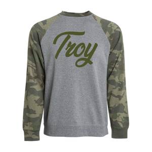 Simple, clean, and stylish. Rock our Troy Simple Script design on an ultra-comfy grey crewneck with camo-patterned sleeves and show everyone your hometown pride.  Only found at 518 Prints