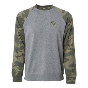Simple, clean, and stylish. Rock our Troy Simple Script design on an ultra-comfy grey crewneck with camo-patterned sleeves and show everyone your hometown pride.  Only found at 518 Prints