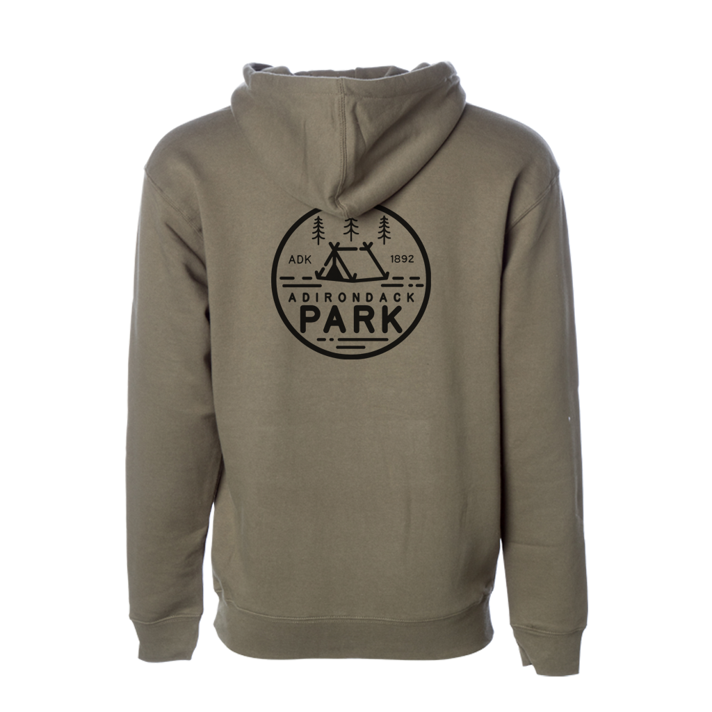 Show your love for America's first state preserve in our ultra-soft ADK 1892 hoodie in Army Green. Printed on the front and back with our own design, featuring a tent, trees, and the words "Adirondack Park."  Only Found at 518 Prints