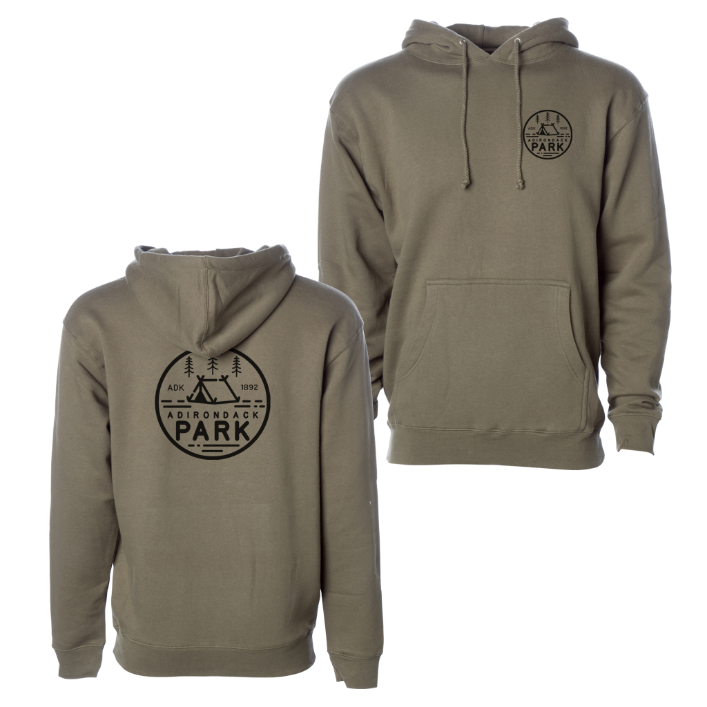 Show your love for America's first state preserve in our ultra-soft ADK 1892 hoodie in Army Green. Printed on the front and back with our own design, featuring a tent, trees, and the words "Adirondack Park."  Only Found at 518 Prints