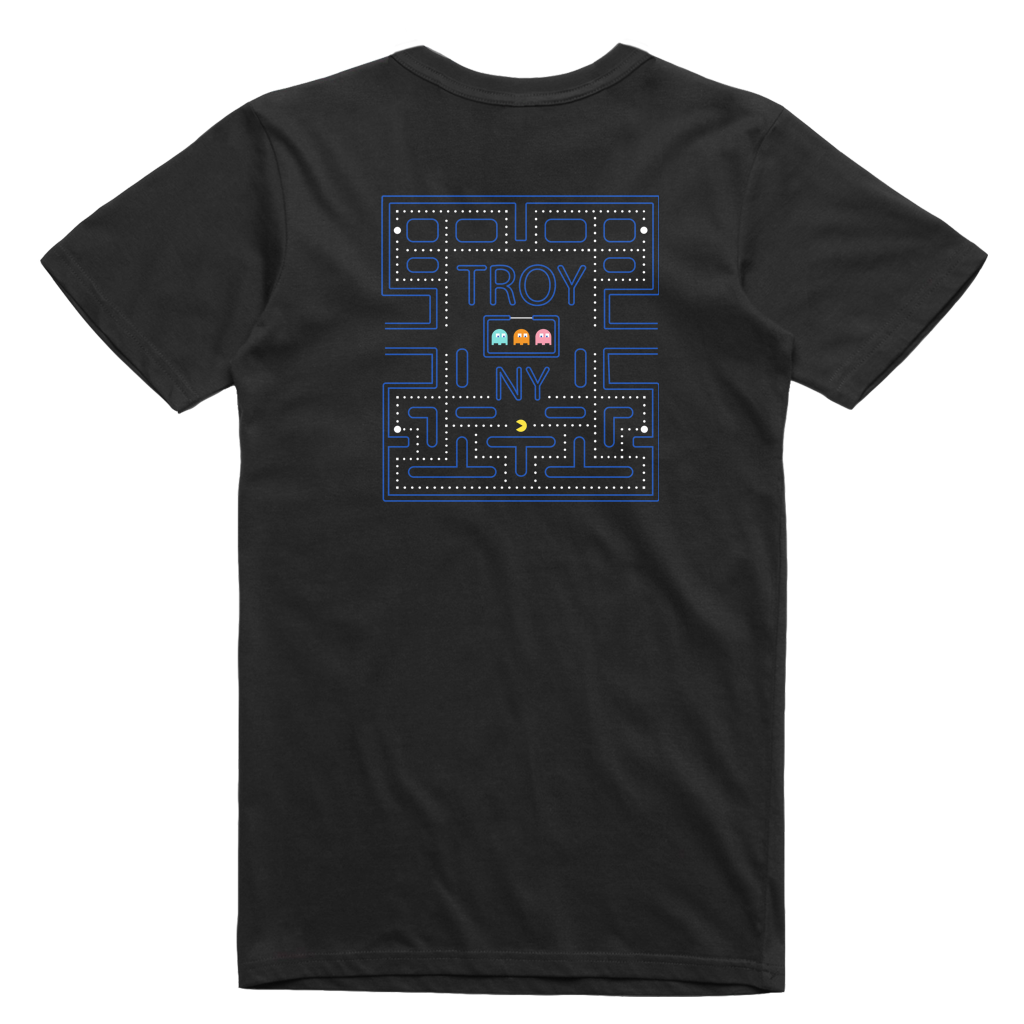 Gamers gonna game. Show your hometown pride in our original Pac-Man-inspired Troy, NY design, printed on the front and back of a black tee.  Only Found at 518 Prints