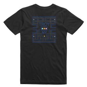 Gamers gonna game. Show your hometown pride in our original Pac-Man-inspired Troy, NY design, printed on the front and back of a black tee.  Only Found at 518 Prints