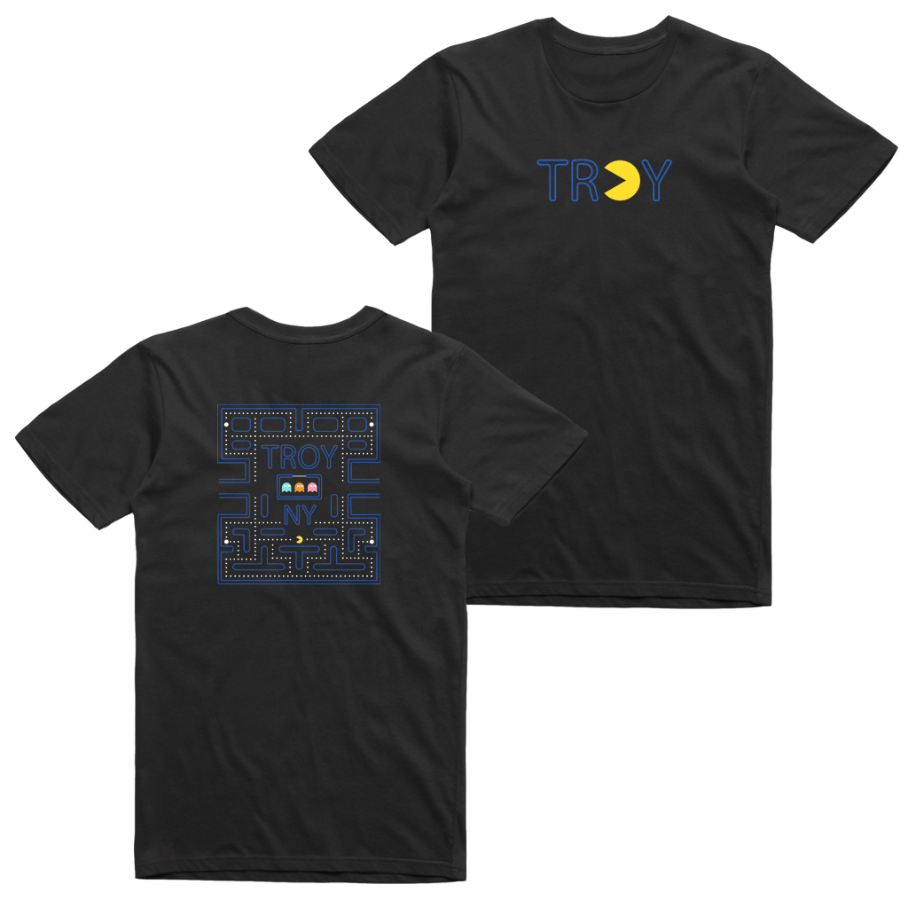 Gamers gonna game. Show your hometown pride in our original Pac-Man-inspired Troy, NY design, printed on the front and back of a black tee.  Only Found at 518 Prints