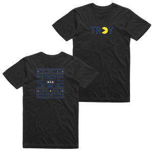 Gamers gonna game. Show your hometown pride in our original Pac-Man-inspired Troy, NY design, printed on the front and back of a black tee.  Only Found at 518 Prints