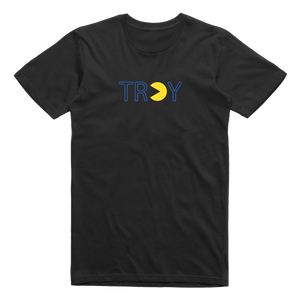 Gamers gonna game. Show your hometown pride in our original Pac-Man-inspired Troy, NY design, printed on the front and back of a black tee.  Only Found at 518 Prints