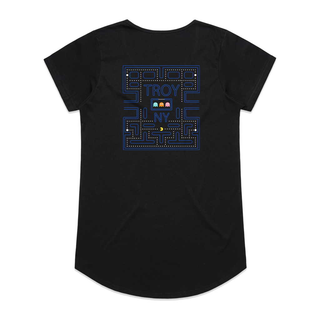 Gamers gonna game. Show your hometown pride in our original Pac-Man-inspired Troy, NY design, printed on the front and back of a black women's/ladies tee.  Only Found at 518 Prints