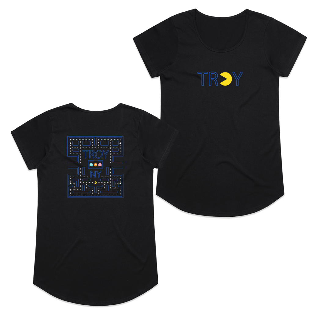 Gamers gonna game. Show your hometown pride in our original Pac-Man-inspired Troy, NY design, printed on the front and back of a black women's/ladies tee.  Only Found at 518 Prints