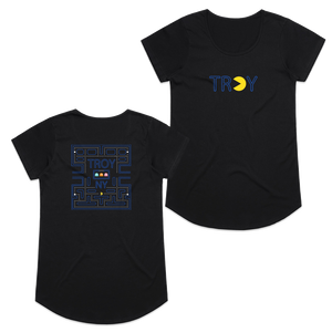 Gamers gonna game. Show your hometown pride in our original Pac-Man-inspired Troy, NY design, printed on the front and back of a black women's/ladies tee.  Only Found at 518 Prints