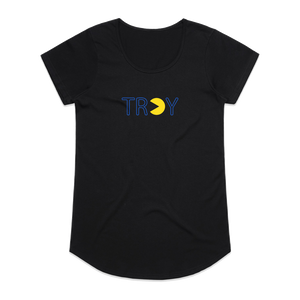 Gamers gonna game. Show your hometown pride in our original Pac-Man-inspired Troy, NY design, printed on the front and back of a black women's/ladies tee.  Only Found at 518 Prints