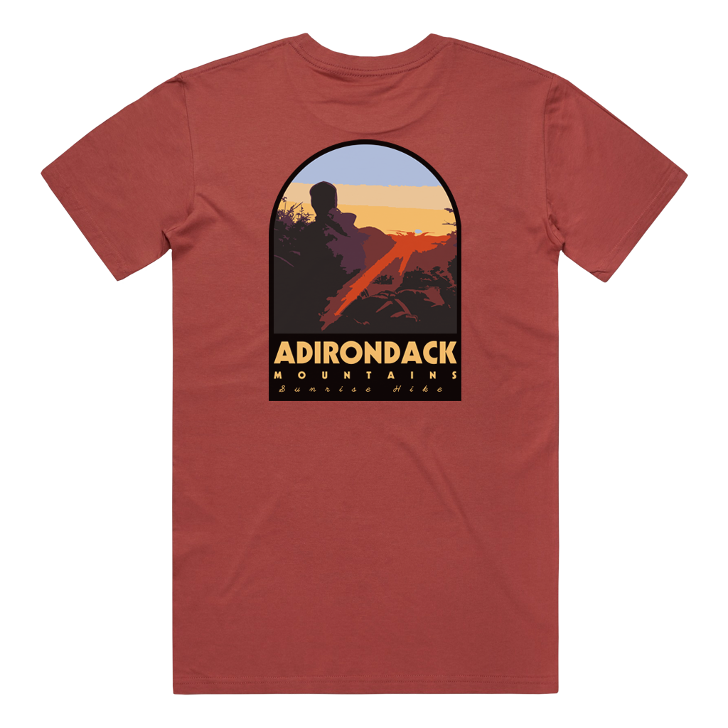 We love the ADKs so much, we took an original photo taken from the Gothics and put it on the back of an ultra-comfy tee. The front design features an illustration of an Adirondack Park trail marker.  Only found at 518 Prints  Tee features: Regular fit, crew neck, mid weight, 5.3 oz/yd2, 28-singles, 100% combed cotton (heathers 15% viscose), neck ribbing, side seamed, shoulder to shoulder tape, double needle hems, and preshrunk to minimize shrinkage.