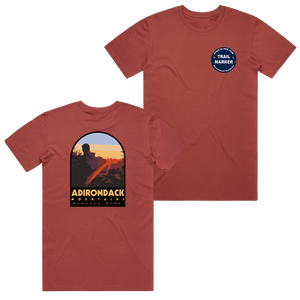 We love the ADKs so much, we took an original photo taken from the Gothics and put it on the back of an ultra-comfy tee. The front design features an illustration of an Adirondack Park trail marker.  Only found at 518 Prints  Tee features: Regular fit, crew neck, mid weight, 5.3 oz/yd2, 28-singles, 100% combed cotton (heathers 15% viscose), neck ribbing, side seamed, shoulder to shoulder tape, double needle hems, and preshrunk to minimize shrinkage.