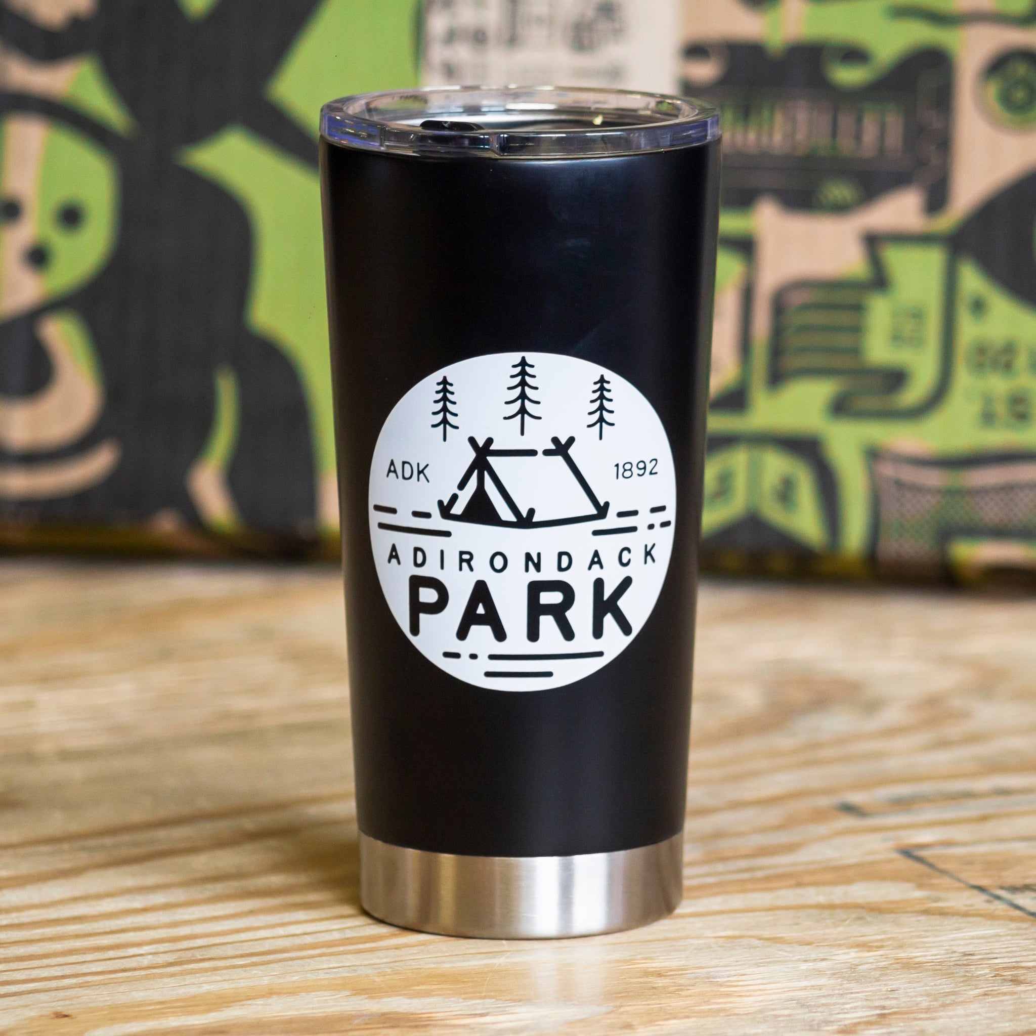 Original Adirondack Park design on a matte black 20 oz tumbler. Keep your beverage hot or cool in style.