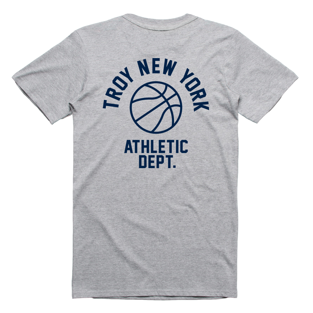 Show some hometown pride in sporty style. Our "Athletic Dept" tee features the words "Troy New York Athletic Dept." surrounding a basketball on both back and front chest prints. This design is printed on a comfortable yet tough athletic heather tee.  Only Found at 518 Prints