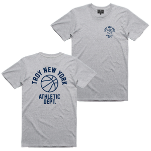 Show some hometown pride in sporty style. Our "Athletic Dept" tee features the words "Troy New York Athletic Dept." surrounding a basketball on both back and front chest prints. This design is printed on a comfortable yet tough athletic heather tee.  Only Found at 518 Prints