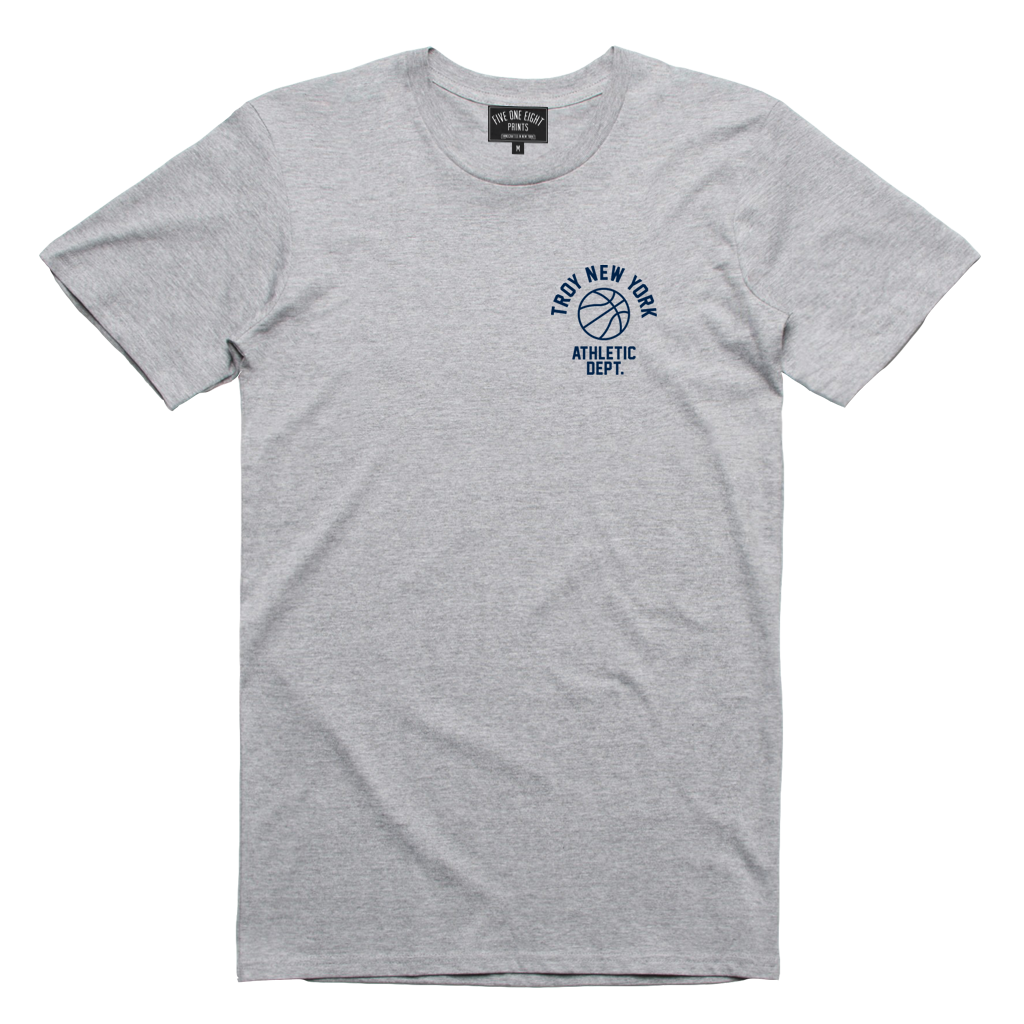 Show some hometown pride in sporty style. Our "Athletic Dept" tee features the words "Troy New York Athletic Dept." surrounding a basketball on both back and front chest prints. This design is printed on a comfortable yet tough athletic heather tee.  Only Found at 518 Prints
