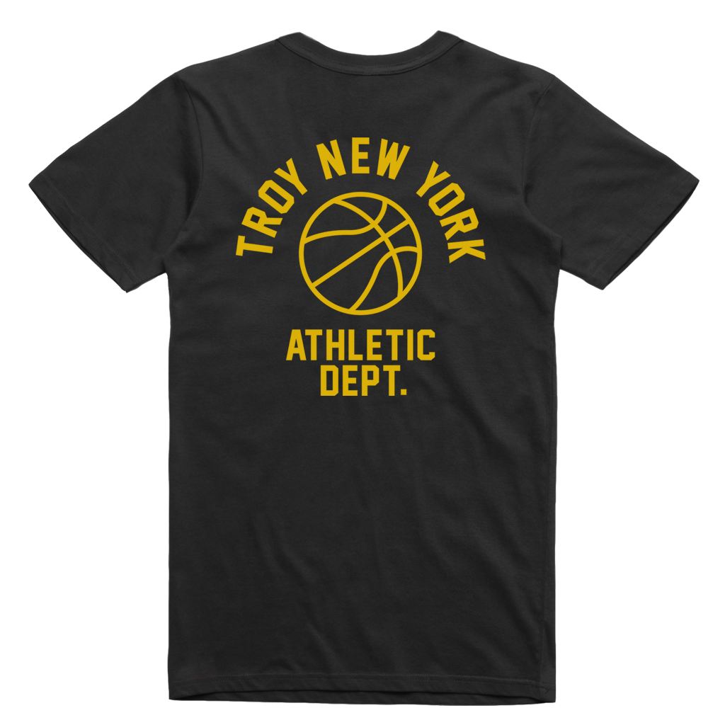 Show some hometown pride in sporty style. Our "Athletic Dept" tee features the words "Troy New York Athletic Dept." surrounding a basketball on both back and front chest prints. This design is printed on a comfortable yet tough black tee.  Only Found at 518 Prints