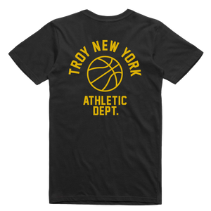 Show some hometown pride in sporty style. Our "Athletic Dept" tee features the words "Troy New York Athletic Dept." surrounding a basketball on both back and front chest prints. This design is printed on a comfortable yet tough black tee.  Only Found at 518 Prints
