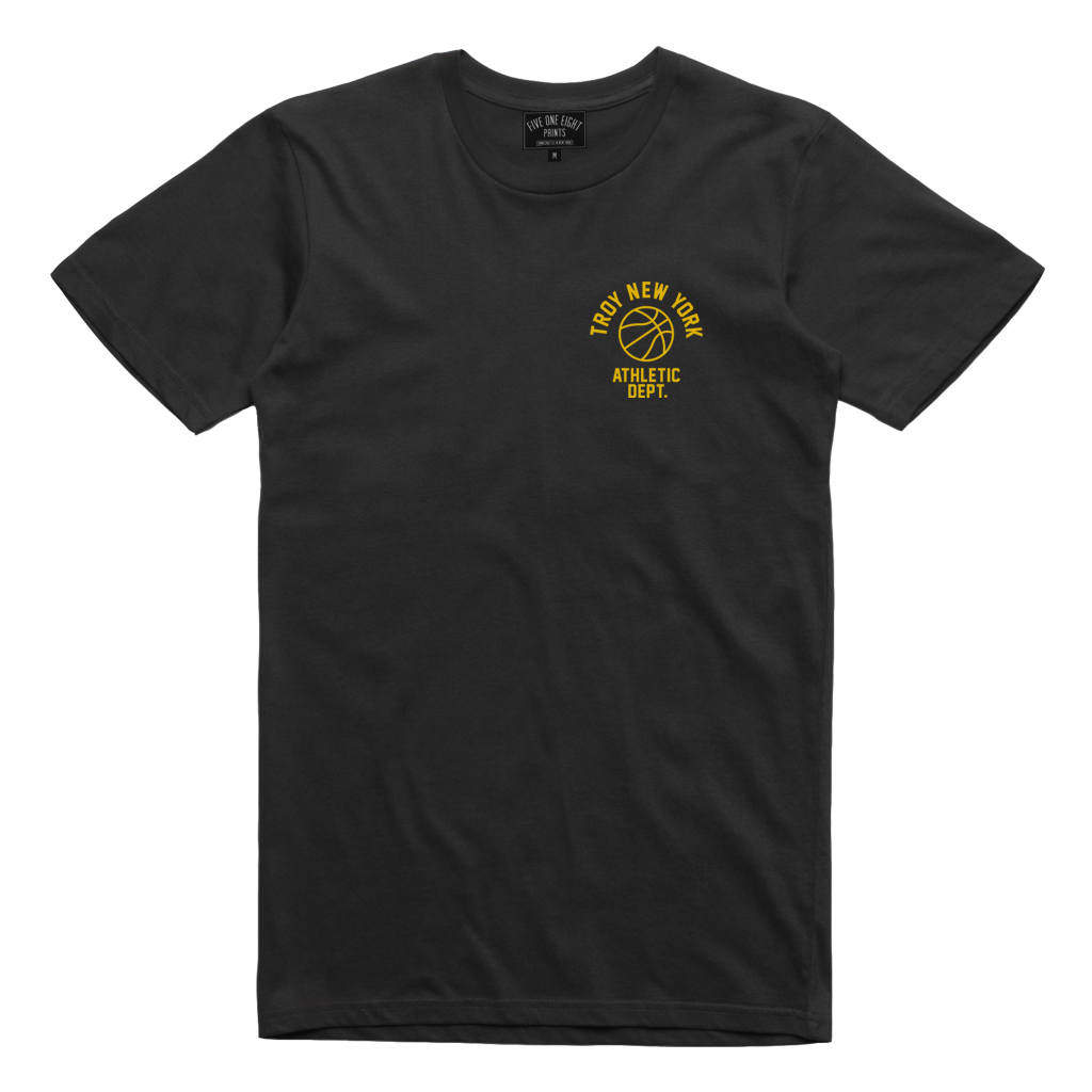 Show some hometown pride in sporty style. Our "Athletic Dept" tee features the words "Troy New York Athletic Dept." surrounding a basketball on both back and front chest prints. This design is printed on a comfortable yet tough black tee.  Only Found at 518 Prints