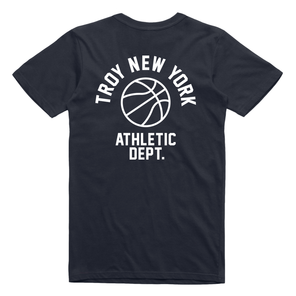 Show some hometown pride in sporty style. Our "Athletic Dept" tee features the words "Troy New York Athletic Dept." in white ink surrounding a basketball on both back and front chest prints. This design is printed on a comfortable yet tough navy blue tee.  Only Found at 518 Prints