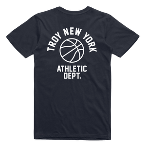 Show some hometown pride in sporty style. Our "Athletic Dept" tee features the words "Troy New York Athletic Dept." in white ink surrounding a basketball on both back and front chest prints. This design is printed on a comfortable yet tough navy blue tee.  Only Found at 518 Prints