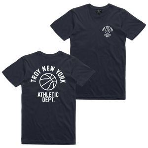 Show some hometown pride in sporty style. Our "Athletic Dept" tee features the words "Troy New York Athletic Dept." in white ink surrounding a basketball on both back and front chest prints. This design is printed on a comfortable yet tough navy blue tee.  Only Found at 518 Prints