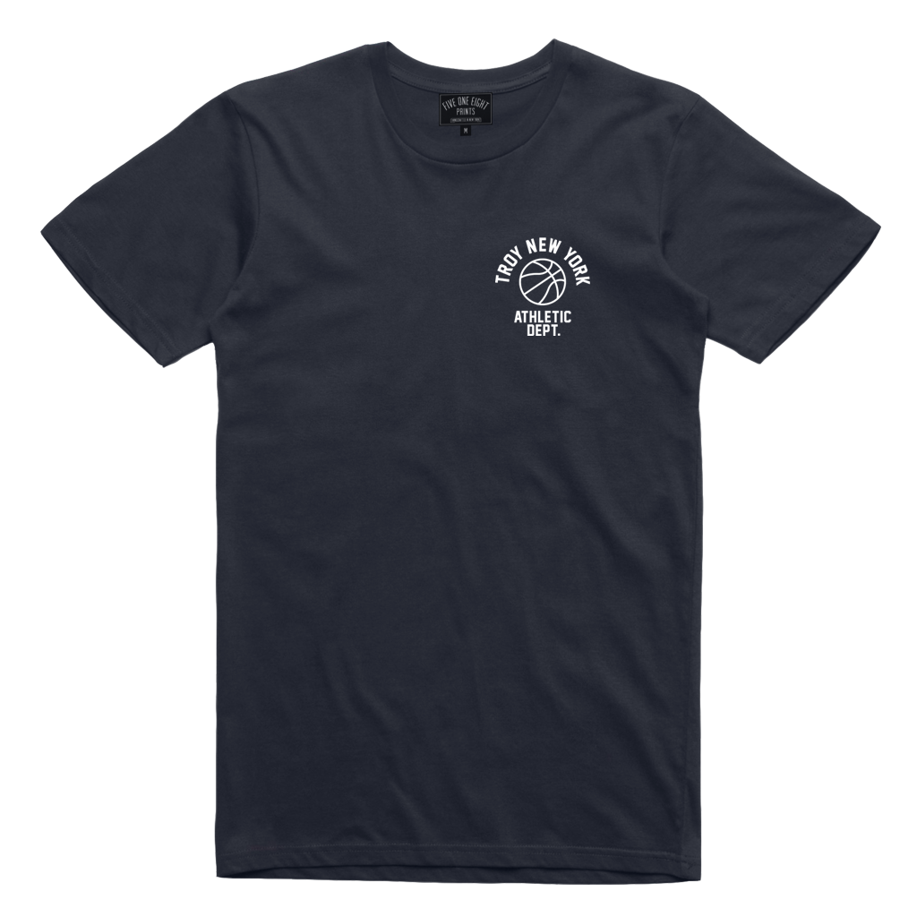 Show some hometown pride in sporty style. Our "Athletic Dept" tee features the words "Troy New York Athletic Dept." in white ink surrounding a basketball on both back and front chest prints. This design is printed on a comfortable yet tough navy blue tee.  Only Found at 518 Prints