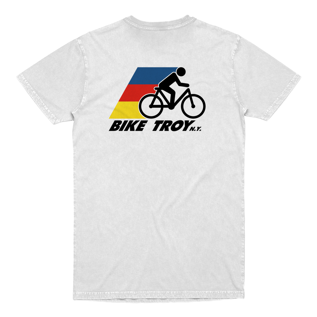The best way to see your city is from the seat of a bike! Show your appreciation for the greener way to get around in our Bike Troy tee. Printed on front and back of a white pocket tee.  Only Found at 518 Prints