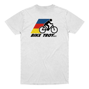 The best way to see your city is from the seat of a bike! Show your appreciation for the greener way to get around in our Bike Troy tee. Printed on front and back of a white pocket tee.  Only Found at 518 Prints