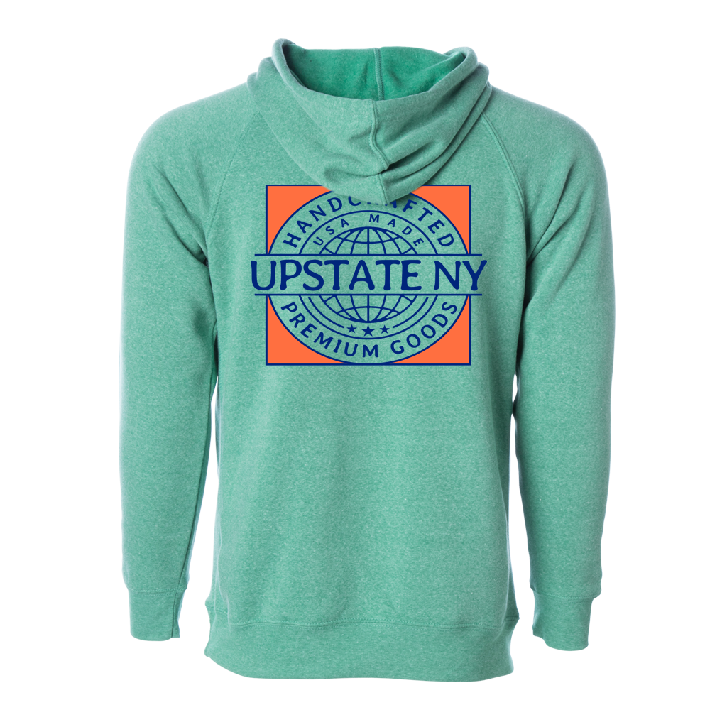 Handcrafted in Upstate New York - this ultra-comfortable hoodie is perfect for any occasion. Custom design is printed on the front and back of this teal hooded sweatshirt.  Only Found at 518 Prints