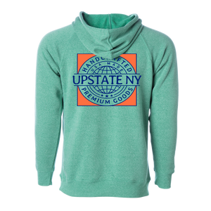 Handcrafted in Upstate New York - this ultra-comfortable hoodie is perfect for any occasion. Custom design is printed on the front and back of this teal hooded sweatshirt.  Only Found at 518 Prints
