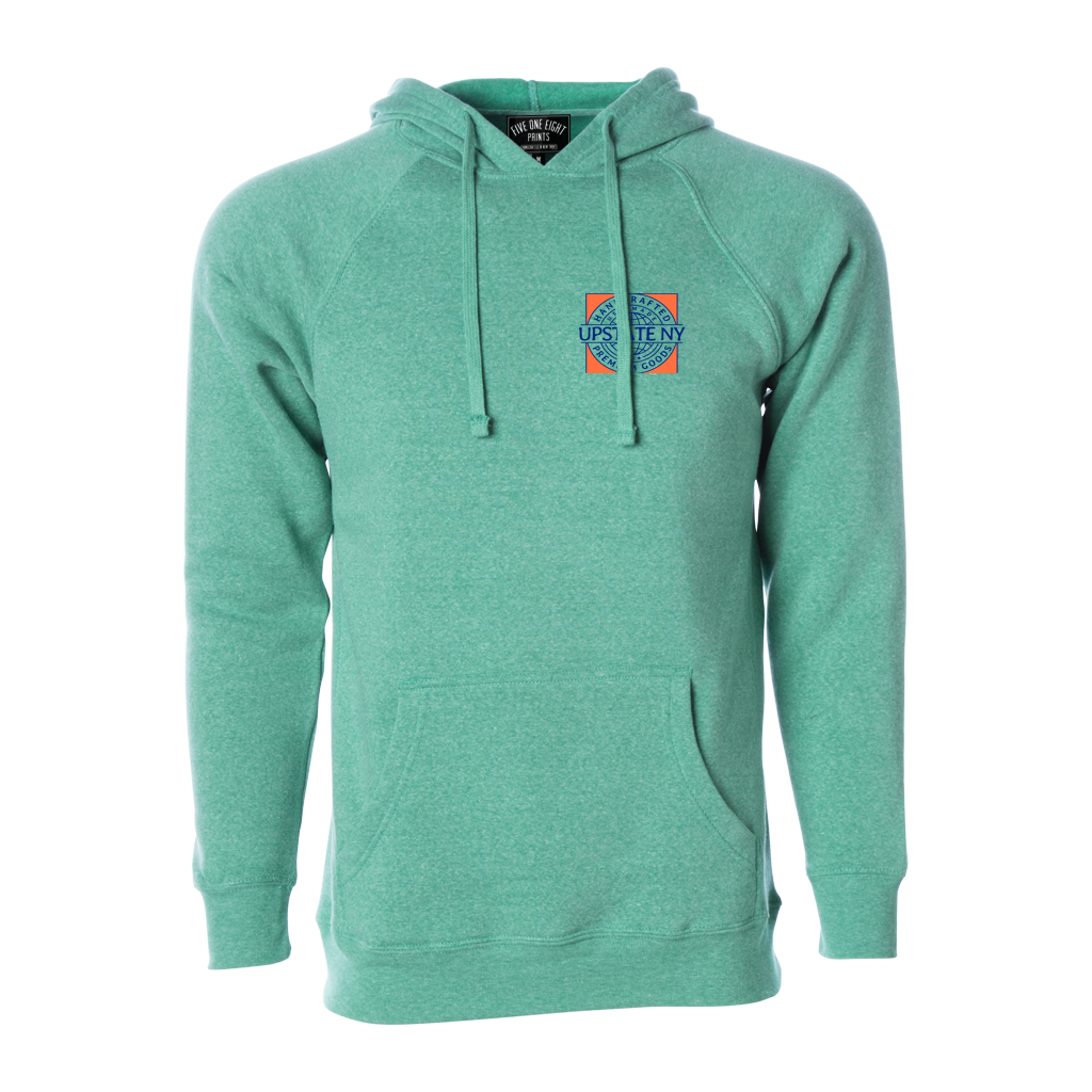 Handcrafted in Upstate New York - this ultra-comfortable hoodie is perfect for any occasion. Custom design is printed on the front and back of this teal hooded sweatshirt.  Only Found at 518 Prints