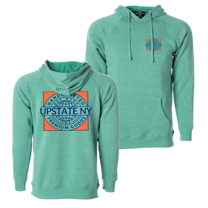 Handcrafted in Upstate New York - this ultra-comfortable hoodie is perfect for any occasion. Custom design is printed on the front and back of this teal hooded sweatshirt.  Only Found at 518 Prints