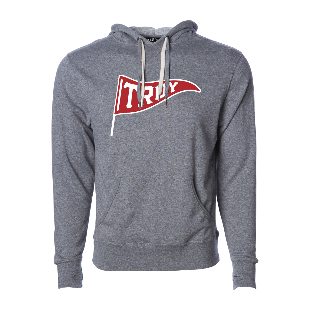 One of our most popular designs! This hoodie features our original "Troy Pennant" design, printed across the chest of a salt-and-pepper colored pullover hooded sweatshirt. This hoodie features a unique double pull tie in cream and grey, so you can choose your color scheme - or use both!  Only Found at 518 Prints