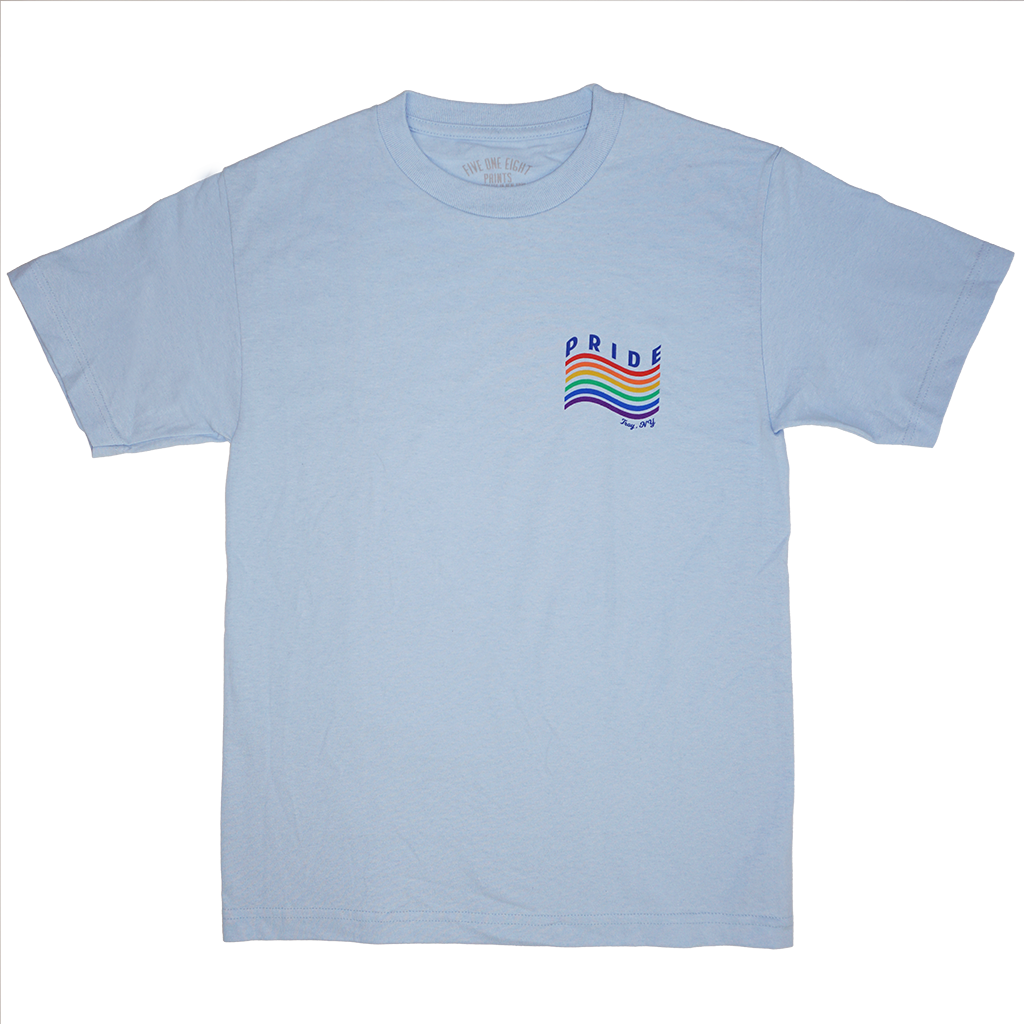 Love is love is love. Our 2019 Pride Month tee features a minimalist rainbow with the words "Pride" and "Troy NY" on the front left chest of a light blue tee. Only found at 518 Prints