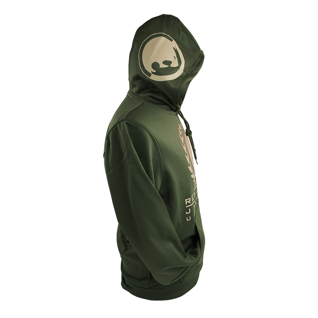 Renzo Gracie Latham's "Upstate Lion Laurel" design, printed on the front, back, and hood of an olive drab Sport Tek pullover hooded sweatshirt.  Hoodie features include: 5.5-oz., 100% polyester fabric; tag-free label; three-panel hood; self-fabric hood lining; a taped neck; dyed-to-match drawcord with metal tips; front pouch pocket; and self-fabric cuffs and hem.