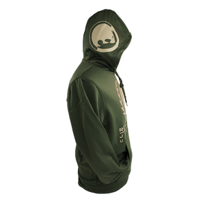 Renzo Gracie Latham's "Upstate Lion Laurel" design, printed on the front, back, and hood of an olive drab Sport Tek pullover hooded sweatshirt.  Hoodie features include: 5.5-oz., 100% polyester fabric; tag-free label; three-panel hood; self-fabric hood lining; a taped neck; dyed-to-match drawcord with metal tips; front pouch pocket; and self-fabric cuffs and hem.