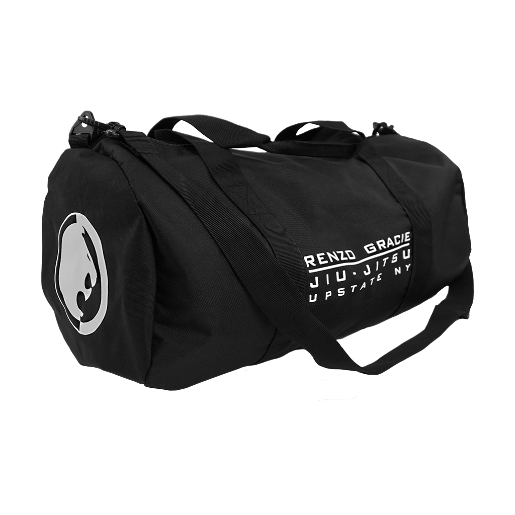 Renzo Gracie Latham's "Upstate Stack Logo" design, printed on the side of a black Independent brand duffel bag.  Bag features include 100% polyester fabric, waterproof interior PVC coating, zipped mesh pocket (5.5” height, 8.25” width) on inside, carrying handles, and removable shoulder strap. Bag measures 20.5” x 10.5”.