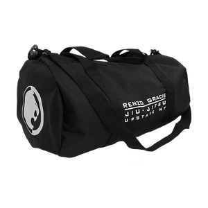 Renzo Gracie Latham's "Upstate Stack Logo" design, printed on the side of a black Independent brand duffel bag.  Bag features include 100% polyester fabric, waterproof interior PVC coating, zipped mesh pocket (5.5” height, 8.25” width) on inside, carrying handles, and removable shoulder strap. Bag measures 20.5” x 10.5”.