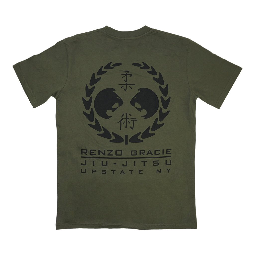 Renzo Gracie Latham's "Upstate Laurel" design, printed on the front and back of an army green AS Colour tee.  Tee features include relaxed fit; crew neck; heavy weight, 6.5 oz, 22-singles; 100% combed cotton; neck ribbing; side-seamed; shoulder to shoulder tape; double-needle hems; preshrunk to minimize shrinkage.