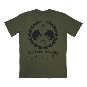 Renzo Gracie Latham's "Upstate Laurel" design, printed on the front and back of an army green AS Colour tee.  Tee features include relaxed fit; crew neck; heavy weight, 6.5 oz, 22-singles; 100% combed cotton; neck ribbing; side-seamed; shoulder to shoulder tape; double-needle hems; preshrunk to minimize shrinkage.
