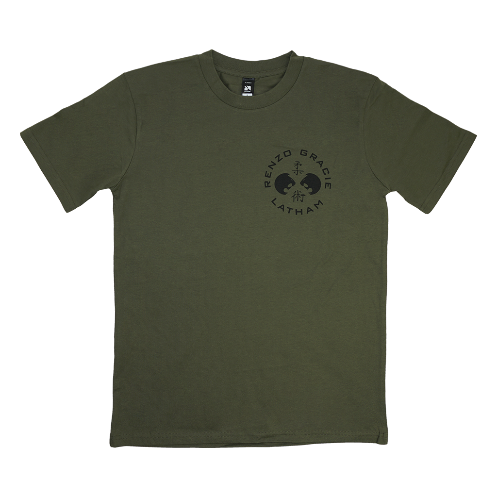 Renzo Gracie Latham's "Upstate Laurel" design, printed on the front and back of an army green AS Colour tee.  Tee features include relaxed fit; crew neck; heavy weight, 6.5 oz, 22-singles; 100% combed cotton; neck ribbing; side-seamed; shoulder to shoulder tape; double-needle hems; preshrunk to minimize shrinkage.