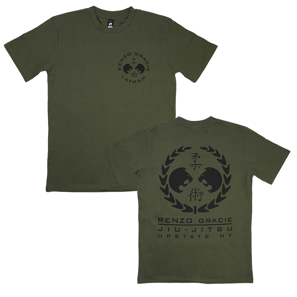 Renzo Gracie Latham's "Upstate Laurel" design, printed on the front and back of an army green AS Colour tee.  Tee features include relaxed fit; crew neck; heavy weight, 6.5 oz, 22-singles; 100% combed cotton; neck ribbing; side-seamed; shoulder to shoulder tape; double-needle hems; preshrunk to minimize shrinkage.