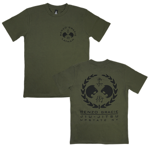 Renzo Gracie Latham's "Upstate Laurel" design, printed on the front and back of an army green AS Colour tee.  Tee features include relaxed fit; crew neck; heavy weight, 6.5 oz, 22-singles; 100% combed cotton; neck ribbing; side-seamed; shoulder to shoulder tape; double-needle hems; preshrunk to minimize shrinkage.