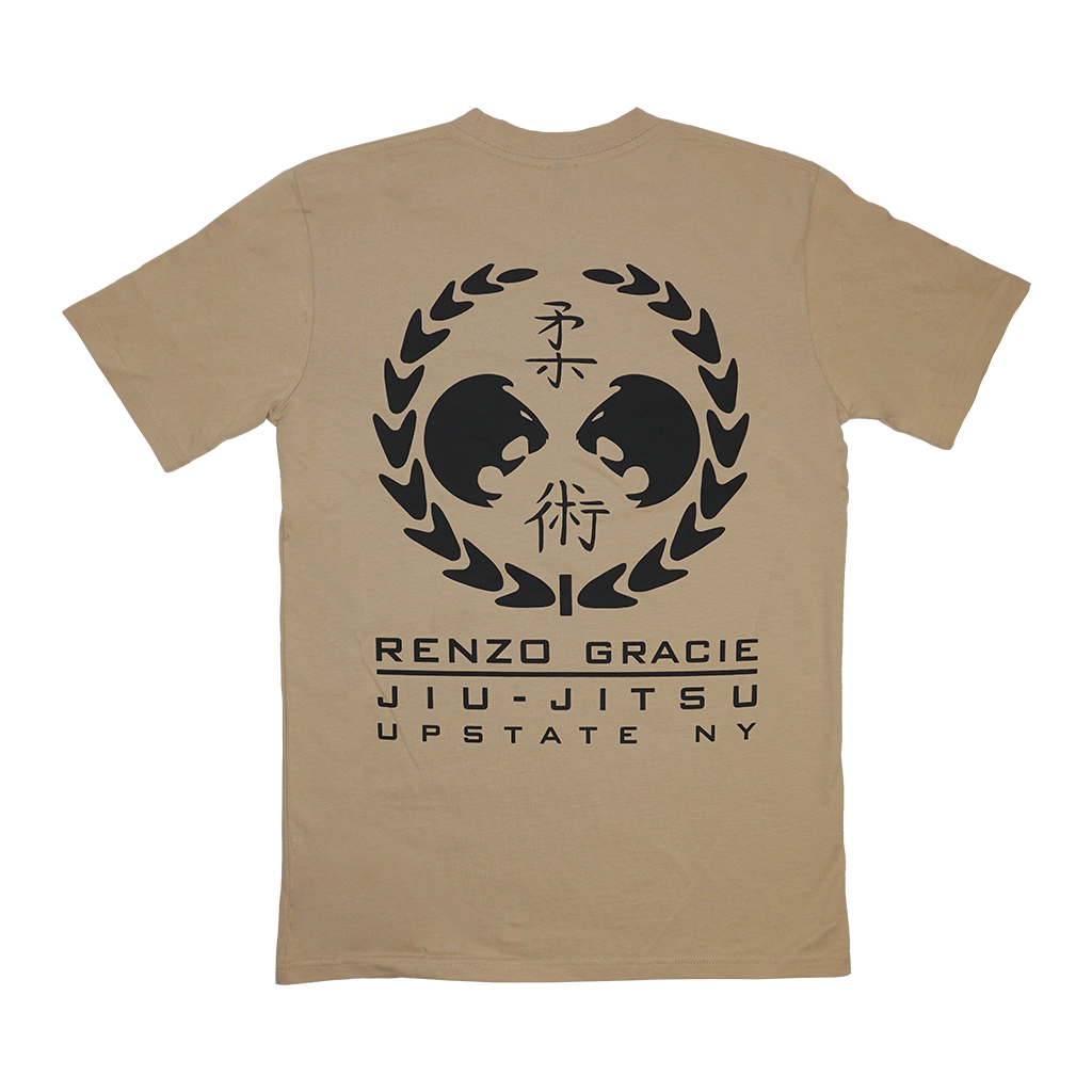 Renzo Gracie Latham's "Upstate Laurel" design, printed on the front and back of a tan AS Colour tee.  Tee features include relaxed fit; crew neck; heavy weight, 6.5 oz, 22-singles; 100% combed cotton; neck ribbing; side-seamed; shoulder to shoulder tape; double-needle hems; preshrunk to minimize shrinkage.
