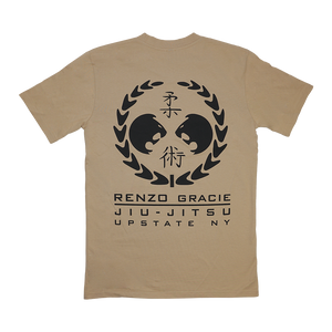 Renzo Gracie Latham's "Upstate Laurel" design, printed on the front and back of a tan AS Colour tee.  Tee features include relaxed fit; crew neck; heavy weight, 6.5 oz, 22-singles; 100% combed cotton; neck ribbing; side-seamed; shoulder to shoulder tape; double-needle hems; preshrunk to minimize shrinkage.