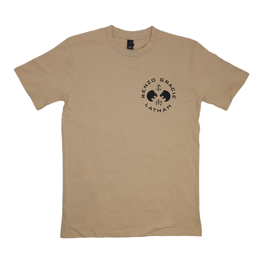 Renzo Gracie Latham's "Upstate Laurel" design, printed on the front and back of a tan AS Colour tee.  Tee features include relaxed fit; crew neck; heavy weight, 6.5 oz, 22-singles; 100% combed cotton; neck ribbing; side-seamed; shoulder to shoulder tape; double-needle hems; preshrunk to minimize shrinkage.