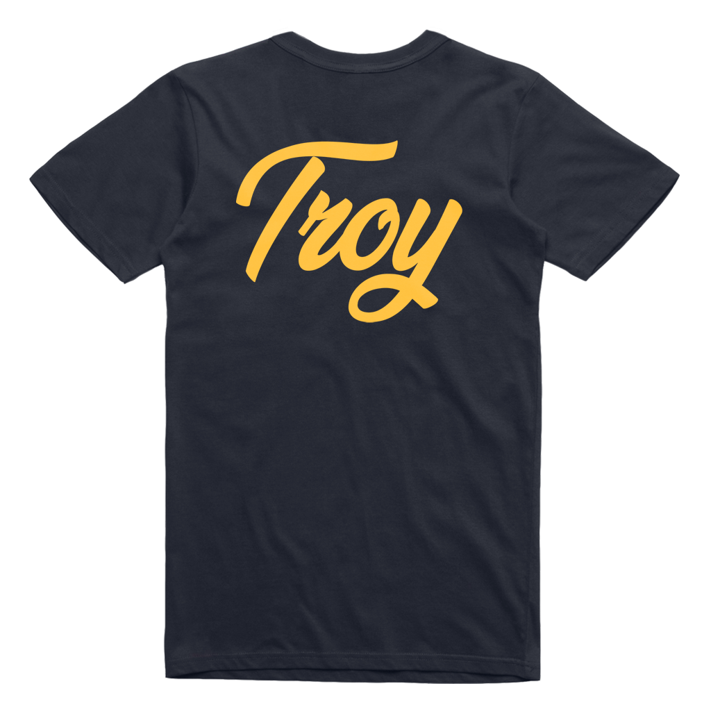 Simple and clean, our "Simple Script" tee features the word Troy in gold script on the front and back of a navy blue tee.  Only found at 518 Prints