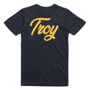 Simple and clean, our "Simple Script" tee features the word Troy in gold script on the front and back of a navy blue tee.  Only found at 518 Prints